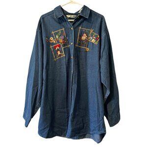 Victoria Jones‎ Denim Floral Embroidered Button Down Shirt Size 20W VTG
